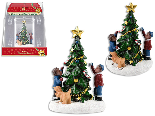 3.75In X 2.5In Xmas Polyresin Children Decorating Tree W/Glitter Base. 6Pcs/Tray. Clam Shell W/ H/C.