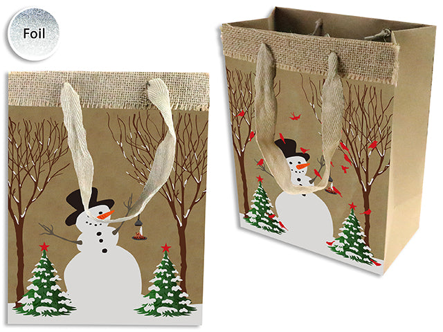 Xmas Kraft Foil Printed Snowman Extra Wide Jumbo Giftbag W/2-Side Linen + Jute Hanger. J-Hook.