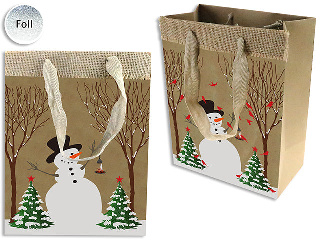 Xmas Kraft Foil Printed Snowman Giftbag - Medium W/2-Side Linen + Jute Hanger. J-Hook.