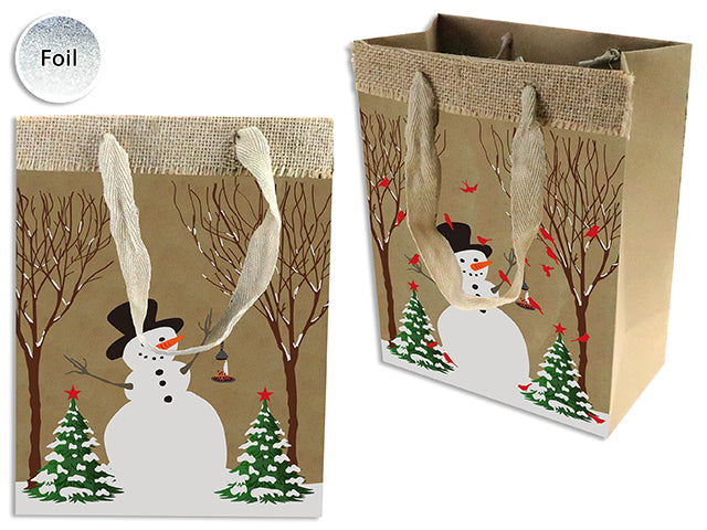 Xmas Kraft Foil Printed Snowman Giftbag - Large W/2-Side Linen + Jute Hanger. J-Hook.