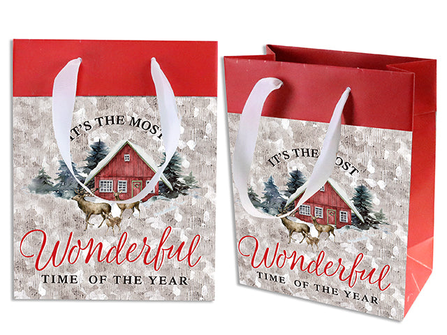 Xmas Matte Red Farmhouse Giftbag - Medium W/Red Fold-Over Cuff + Satin Hanger. J-Hook.