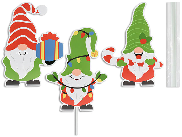 3Pk 15.75In X 11-3/8In Xmas Corrugated Plastic Outdoor Gnome Decoration W/6Pcs Stakes. Pbh.