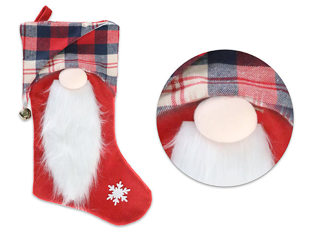 16.5In Xmas Fel Gnome Stocking W/Fur Beard + Plaid Cuff. Cht.