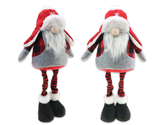 23.5In Xmas Red&Black Buffalo Plaid Plush Standing Gnome W/Rectractable Leges. 2 Asst. J-Hook. Cht.