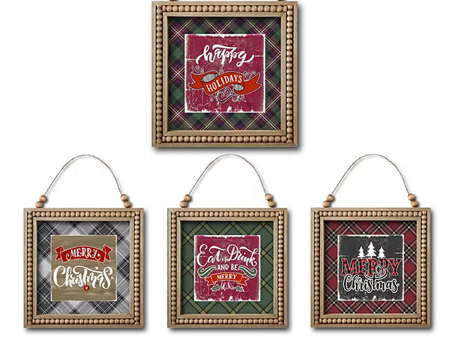 11.75in Xmas Square Plaid MDF Beaded Frame Plaque. Jute Hanger w/ 4 Beads. 4 Asst. Styles. Cht.