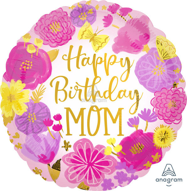 18"A Happy Birthday Mom Painted Flowers Pkg