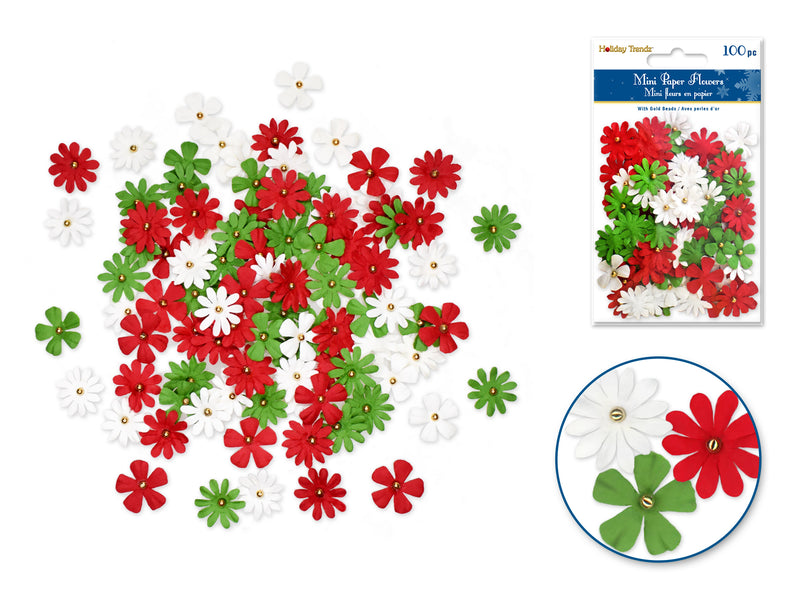 Holiday Trendz: 2cm Mini Paper Flowers x100 w/Stamen Red/Wht/Grn