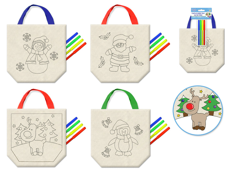 Seasonal Wonders: Canvas DIY Xmas Goody Bags w/4 Markers Asst 12eax4styles