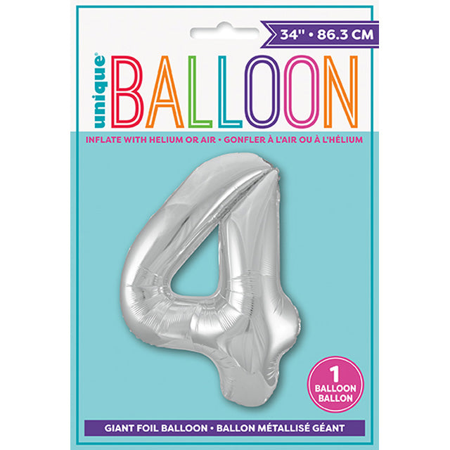 Silver Number 4 Shaped Foil Balloon