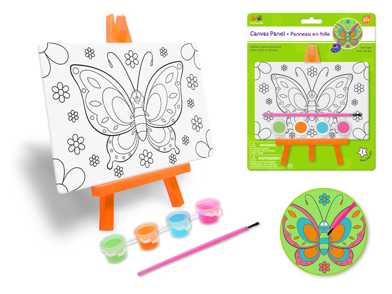 Krafty Kids Kit: 3.9"x5.9" DIY Canvas Panel on Easel w/4 Paint Pots+Brush