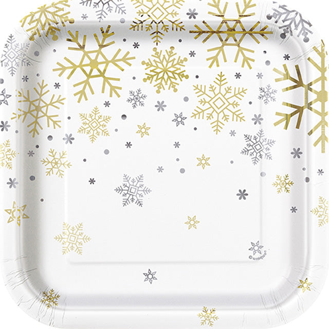 Silver And Gold Snowflakes Square Foil Plates Small