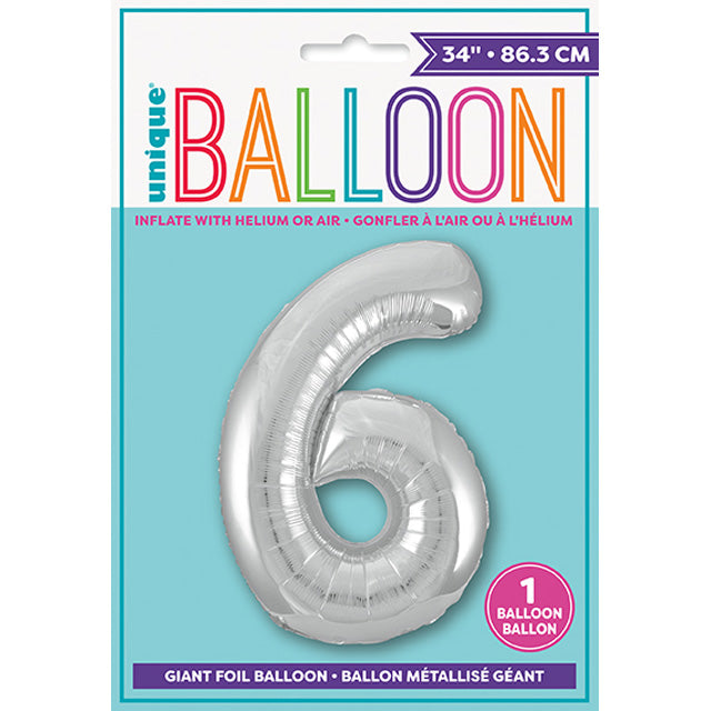 Silver Number 6 Shaped Foil Balloon