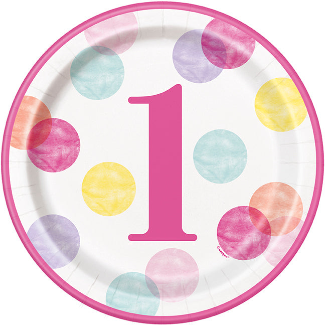 Pink Dots First Birthday Plates Large